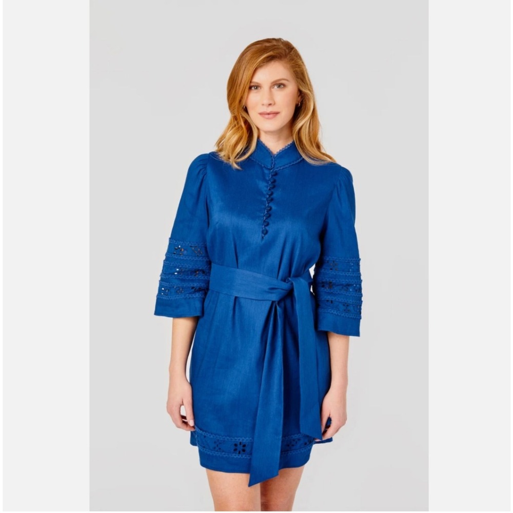 Cartolina Nantucket Blue Eyelet Lace Mandarin Collar Mini Dress Linen Medium
